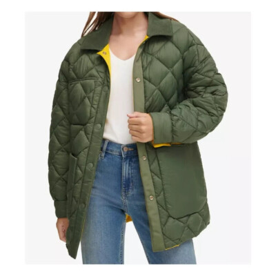 $159 Calvin Klein Jeans Women's Reversible Quilted Barn Jacket,  Olive/Yellow, M