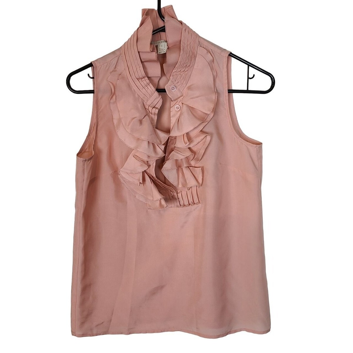 J. Crew Womens 0 Pink Sleeveless Ruffle Button Front Pintuck Silk