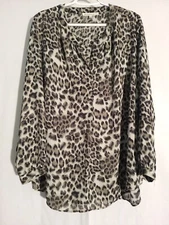 Daniel Rainn-Black Gray Cheetah Animal Print Long Sleeve Vneck Top Blouse-XL