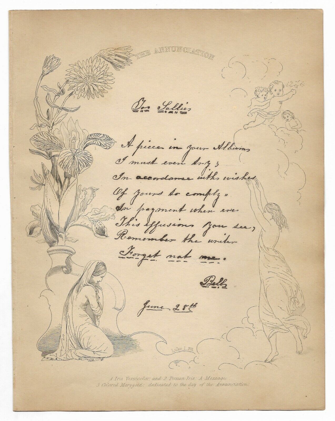 Antique HANDWRITTEN POETRY Manuscript Poem w/ Illustrated Engraving c.1850