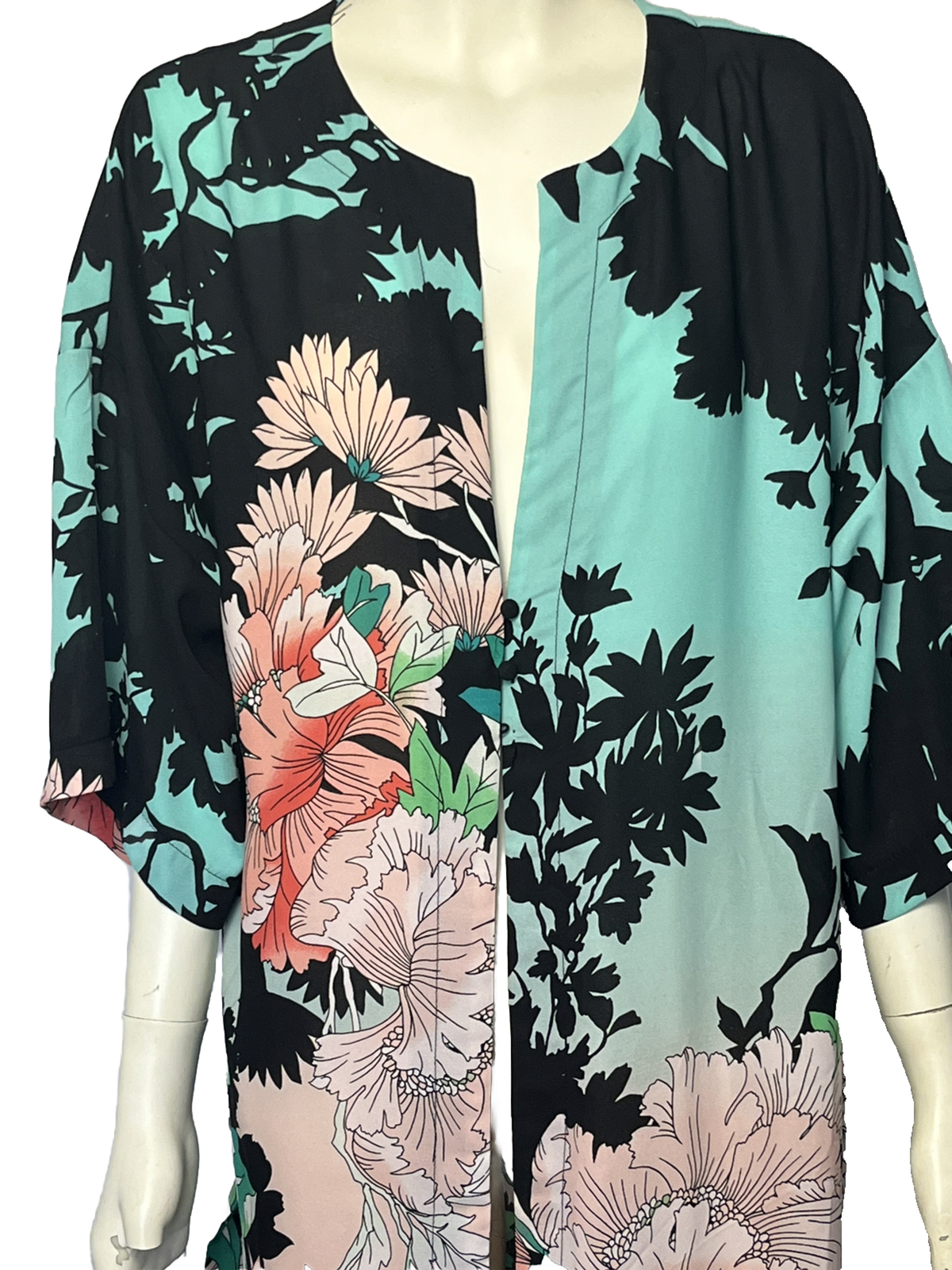 Boho Kimono Floral Duster Robe S Green Pink Long 3/4 Sleeve Cover Up Loungewear