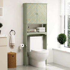Over The Toilet Storage Cabinet With Gold Trim Organizer Adjustable Shelve Green
