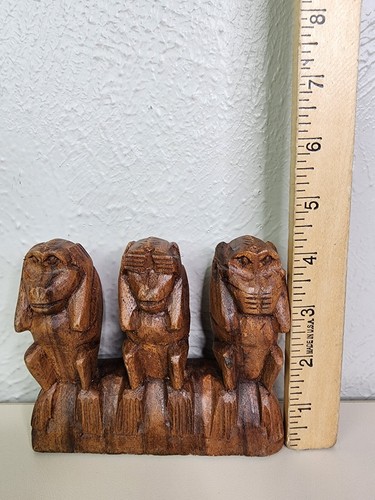 monkey see hear speak no evil wooden carved 4 inch tall VTG - Picture 3 of 8