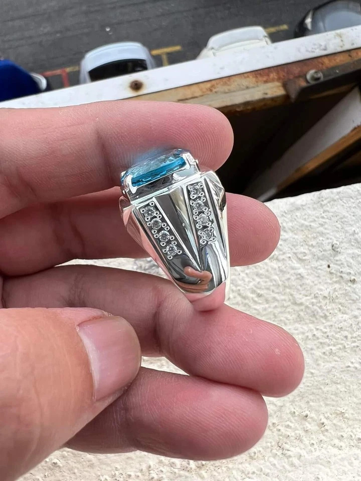 Anel masculino de prata esterlina 925 com pedra preciosa de zircão azul #1928 - Imagem 4 de 4