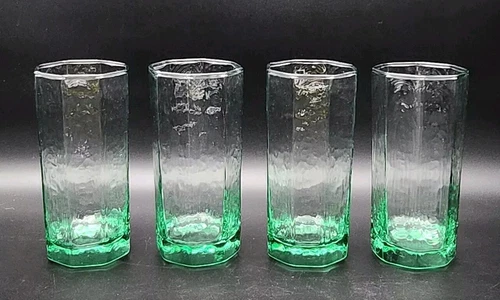 HTF Set Of 4 VTG Libbey FACETS Green MCM Octagonal Cooler Tumbler Glasses 6 1/8"