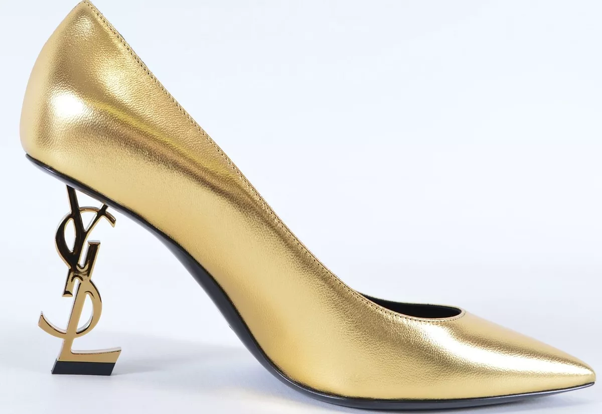 New YSL Saint Laurent OPYUM Metallic Gold Logo Heel Pumps Heels Shoes 36 6