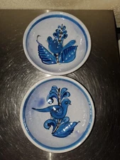 SET OF TWO Vintage Tonala Handpainted Mexican Pottery Signed Bowls Blue Birds