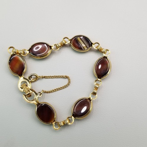 Bracciale Sarah Coventry Vintage Finto Occhio di Tigre Marrone Tono Oro con Catena di Sicurezza - Foto 6 di 8