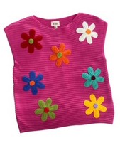 BIBI Pink Crochet Knit Top with Colorful Flower Appliques Size Small