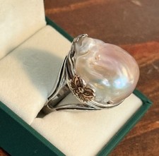 OOAK Large Real Natural Baroque Pearl Ring 925 Sterling Sliver Adjustable Women