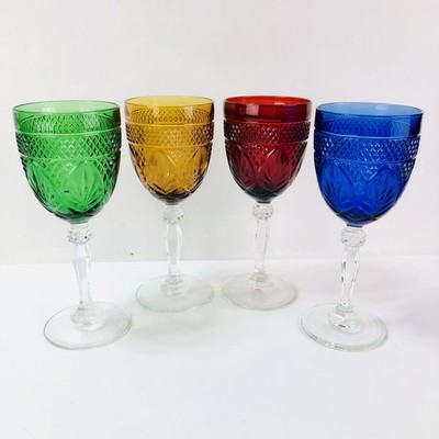 VTG Cristal D'Arques Durand Water Wine Goblets Amber Ruby Emerald Sapphire 4 Set