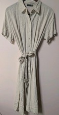 Black Tape Women's Cream Collared Belted Shirt Dress Midi Rayon Linen P/XL