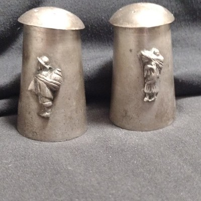 FRANKOM Pewter Salt & Pepper Set with Decorative Figures, Marked E.P. Pewter