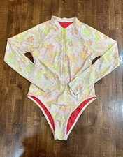 Jolyn Sz L Floral Paloma Long Sleeve Zip Up Surf Rash Guard One Piece Swim Suit