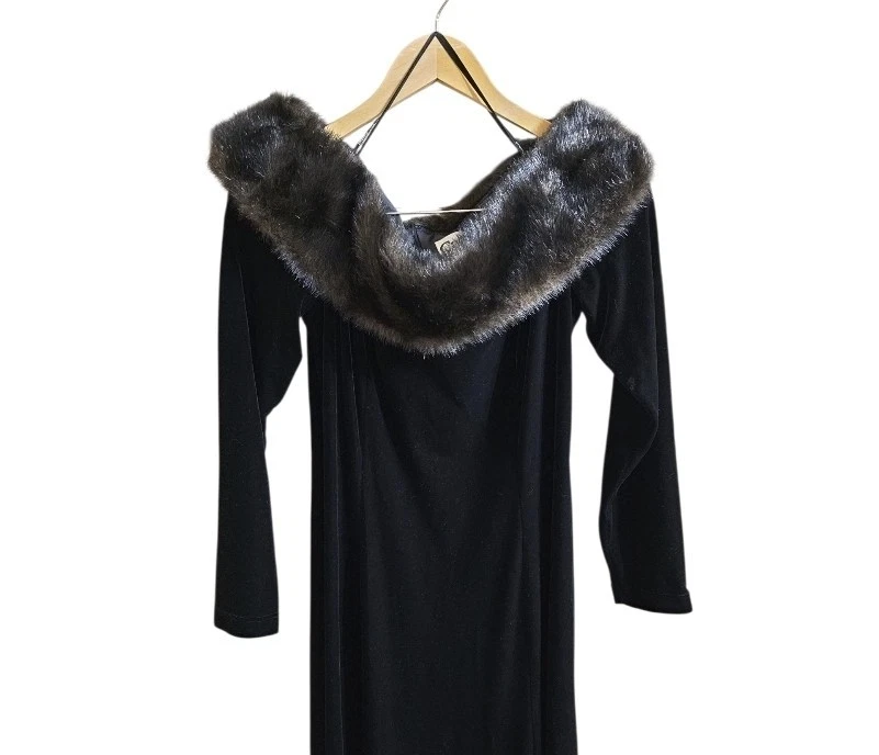 Maxi Vestido Cachet Vintage Años 90 Piel Sintética Hombro Terciopelo Negro. Talla 12 Foto 2 de 4
