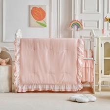 Lace Ruffle Crib Bedding Set 3 Pieces Baby Boho Lace Quilted Comforter with F...