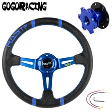 14inch Blue Deep Dish Drifting Steering Wheel Quick Release Adapter Racing Car