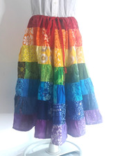 Handmade Rainbow Patchwork Skirt Full A-line Midi One Size Drawstring Upcycled