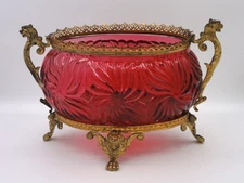 Antique Gold Mounted Baccarat Cranberry Bambous Swirl Art Glass Jardiniere Vase