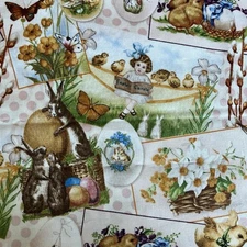 Vintage Easter Children Chicks Bunny Floral Cards AKO 1.3 Yards