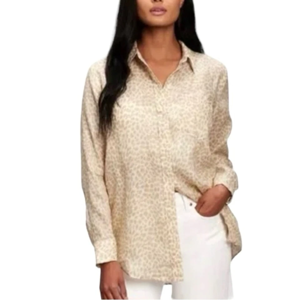 Gap 100% Linen Animal Print Boyfriend Button Down Longline / Tall Size L - Image 2 of 4
