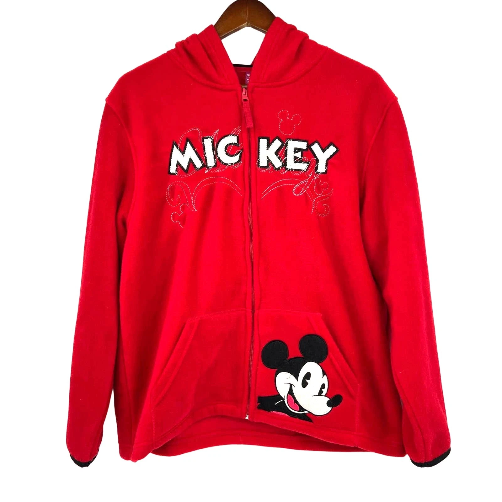 Disney y2k women's Mickey Mouse red fleece zip up hoodie jacket pockets sz large