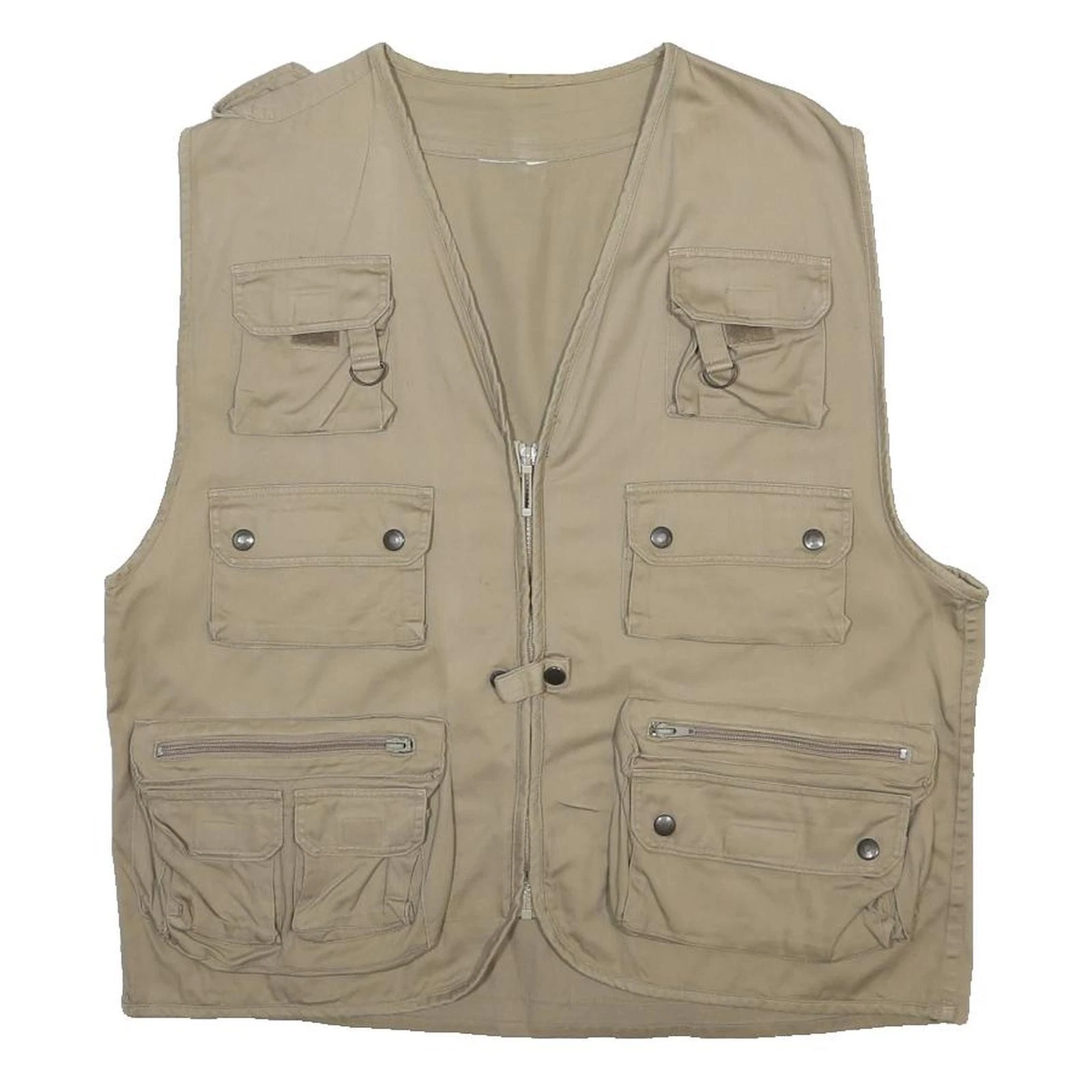 Mens Beige Utility Zipped Cargo Cotton Blend Vest XL Woven Multi Pocket Outdoor