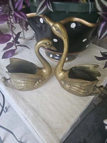 Vintage Pair Mid Century Brass Swan Planters 9 Inch 7 Inch