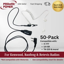 50x FBI Style Clear Acoustic Radio Earpiece w/ PTT for Kenwood & Baofeng Radios