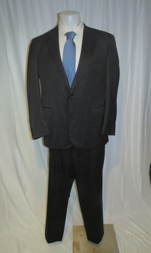 Michael Reslan x Caruso Dark Gray Striped Flat Front Two Button Suit 46R