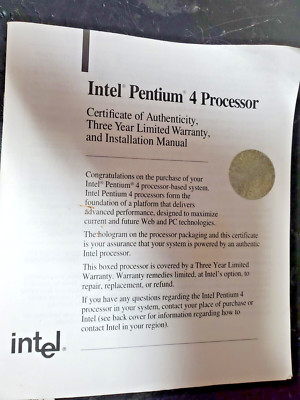 2001 Intel Pentium 4 processor Certificate of Authenticity/warranty/installatio