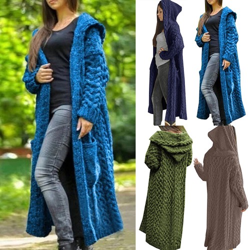 Women Knitted Long Cardigan Chunky Hooded Open Front Sweater Coat Warm Jacket