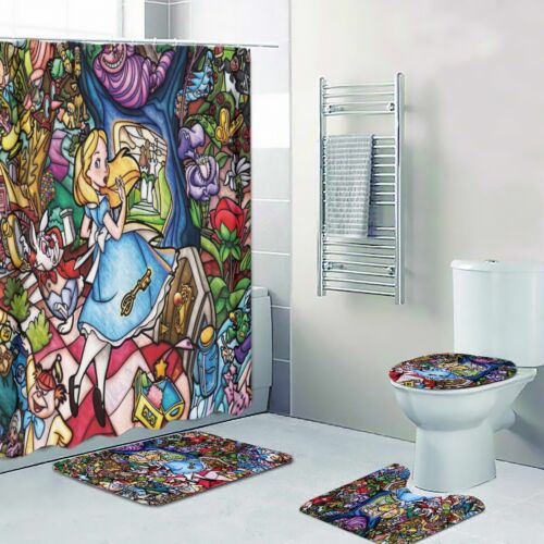 Disney Alice In Wonderland Print Shower Curtain Bath Math Toilet Lid Cover Mat - Picture 1 of 9