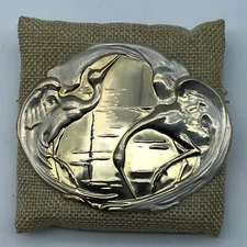 Charmont Belts Vintage Belt Buckle Metallic Hand Painted bird crane heron