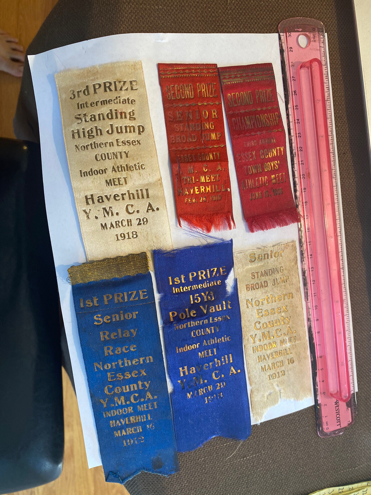 LOT OF 6 RIBBONS PINBACKS 1908 - 1913 ESSEX COUNTY YMCA HAVERHILL MASSACHUSETTS