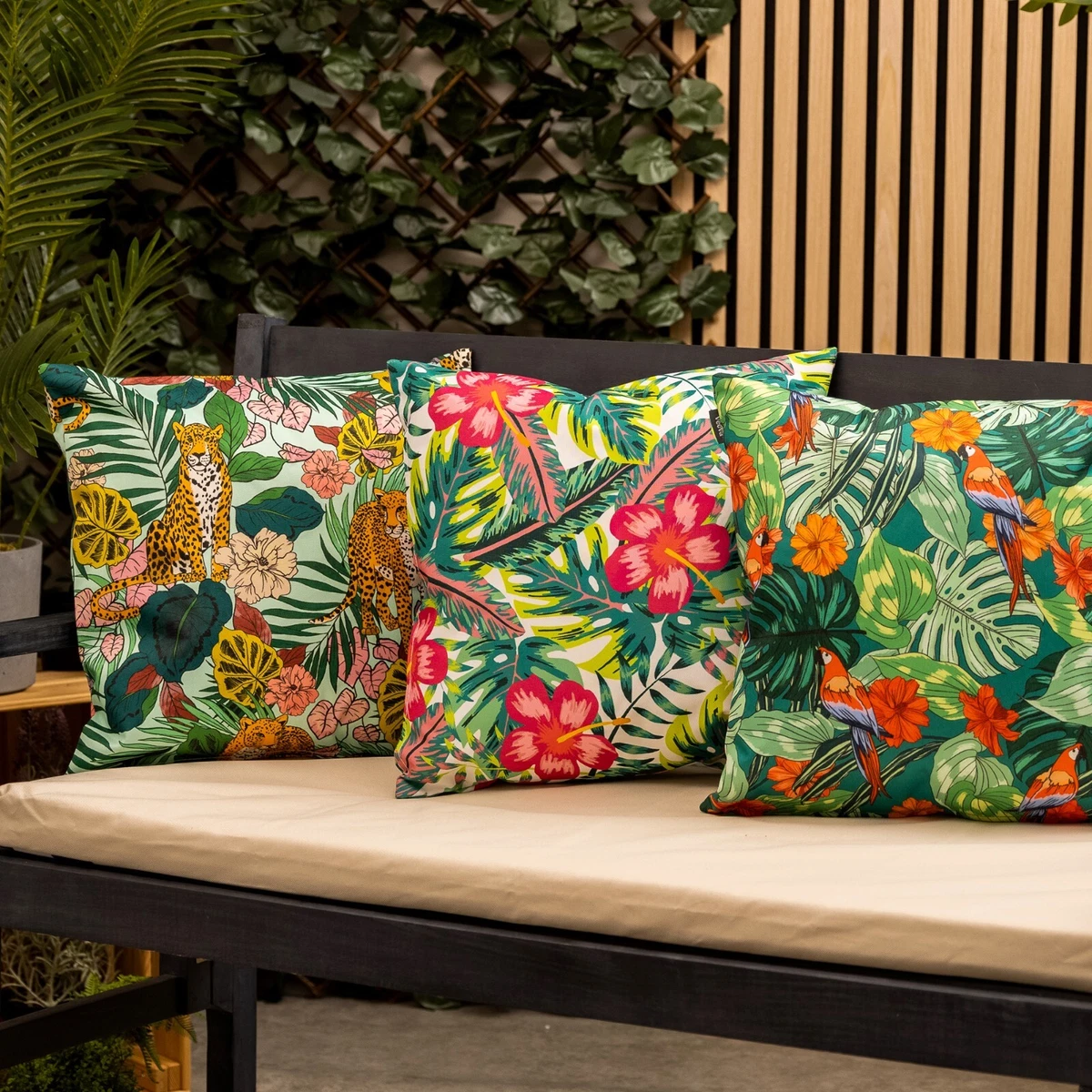 Outdoor Cushions Garden Water Resistant Fabric Jungle Palm Print Filled Cushion