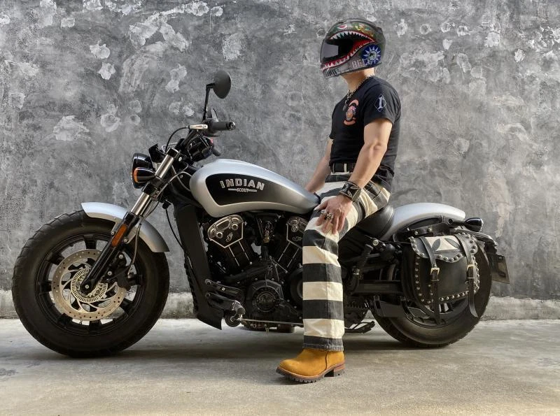 BOB DONG Retro Mens Prisoner Stripe Motorcycle Pants Jeans Casual