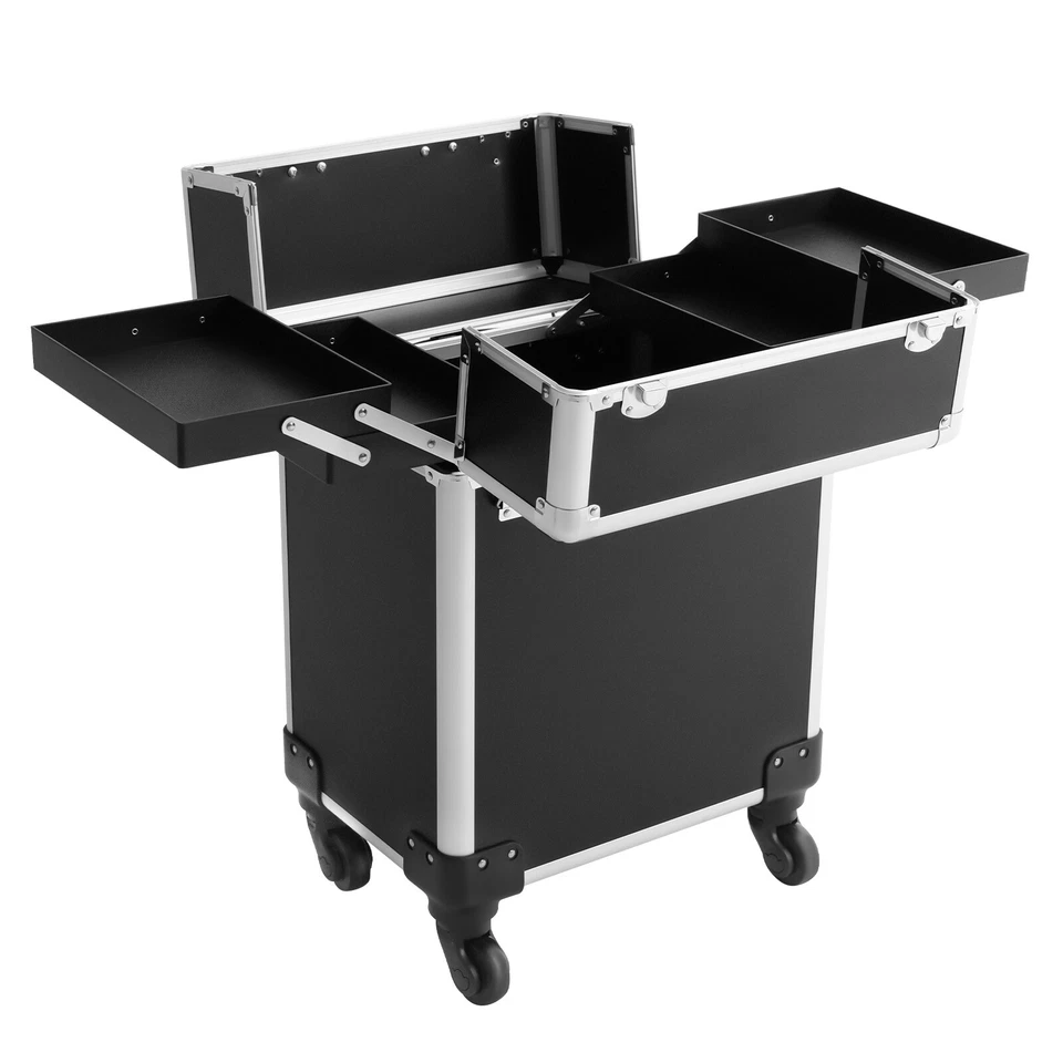 Estuche de tren de maquillaje rodante carro aluminio estuche de cosméticos organizador de almacenamiento negro Foto 3 de 4