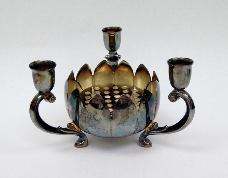 Leonard Silverplate LOTUS Bowl 3 Candle Centerpiece w/ Frog Cover C1054
