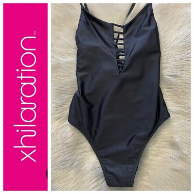 NWT Xhilaration Strappy One Piece Swimsuit Sz Large Classic Black Scoop Tie  Back