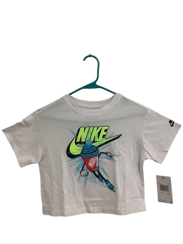 Nike T-shirt Girls Size 6 White w Neon Green, Black, Blue, & Red Logo