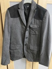 MENS H&M Blazer Grey With Faux Suede Shoulder And Elbow Patches 36R VGC