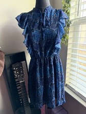 Blue Floral Mini Dress Ruffle Flutter Sleeves Crew Neck Lightweight