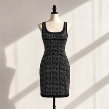 Black Silver Studded Geometric Bodycon Mini Dress SZ L Sleeveless Stretch Party