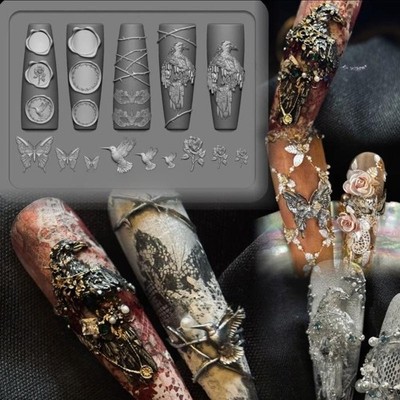 Silicone Nail Art Mold Retro Rose Butterfly Night Eagle 3D Nail Decor DIY Mold