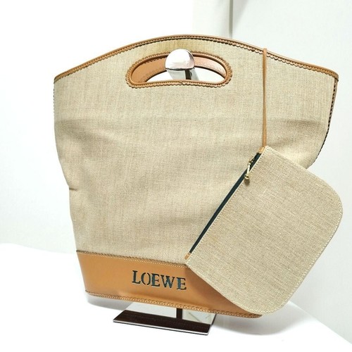 LOEWE Embossed Logo Tote Bag Canvas Brown Vintage Authentic From Japan