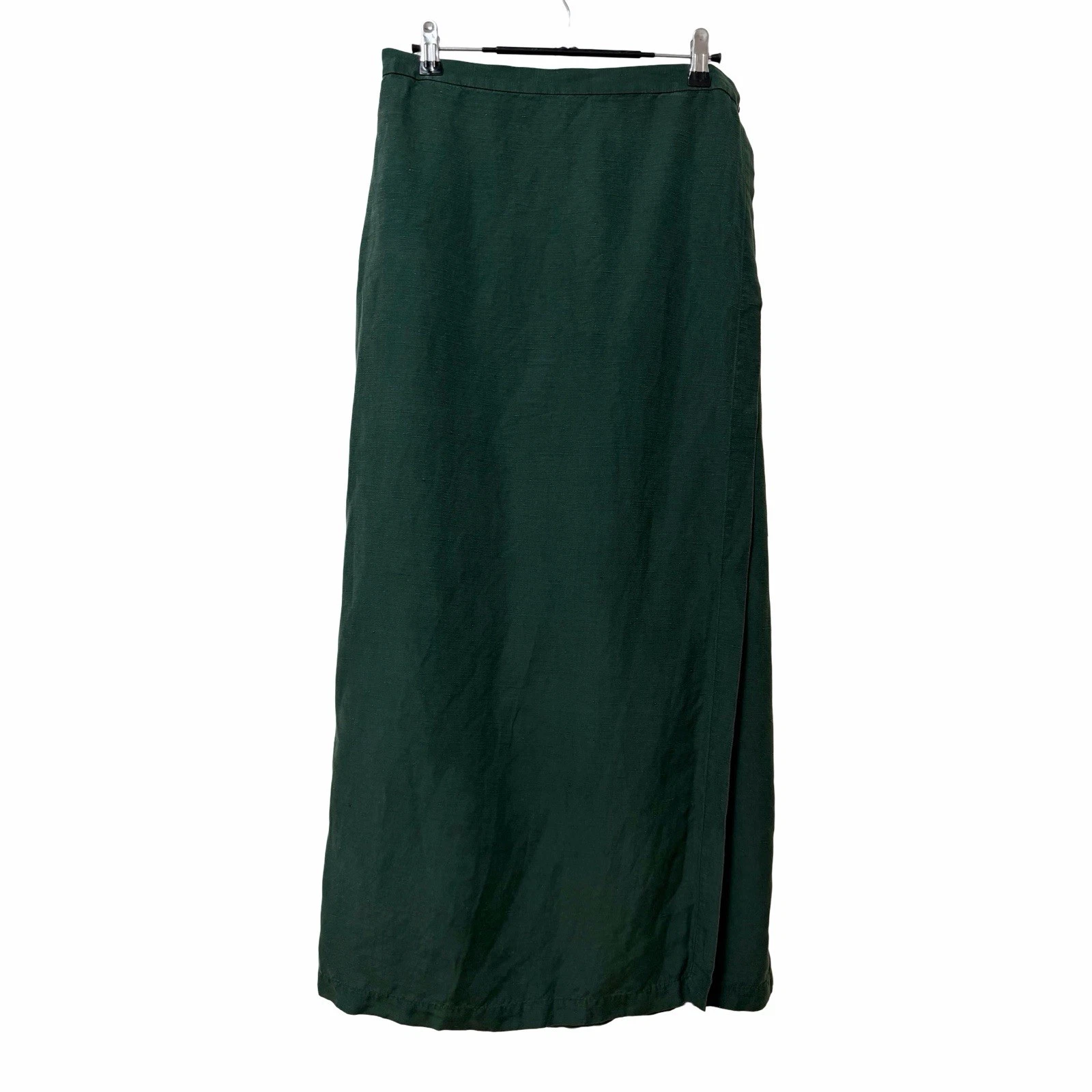 VTG Eileen Fisher Linen Silk Wrap Midi Skirt Size L Forest Green Capsule Minimal