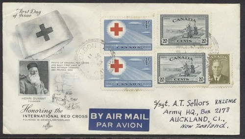1952 #317 Red Cross FDC Art Craft Cachet London ONT 50c Air Mail to New Zealand