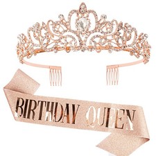 Rose Gold Birthday Sash and Tiara Set - Rhinestone Crowns for Women Party