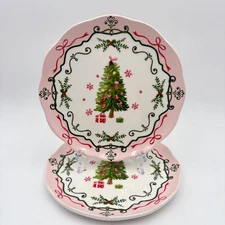 Potter's Studio Christmas Tree Plates Set of 2 Holiday Pink Trim Dessert